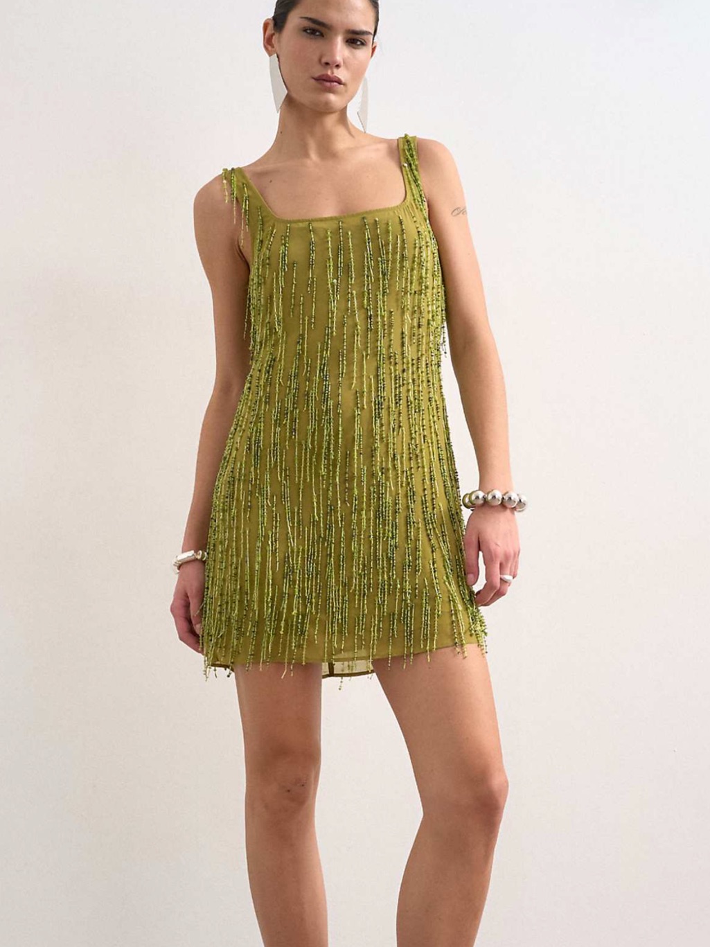 Topshop All Over Embellished Fringe Mini Dress In Green Size 6